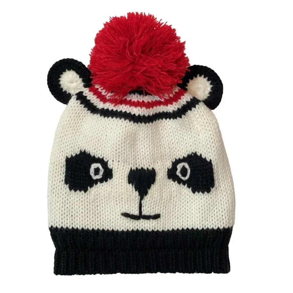 PANDA Winter Hat Toboggan Child's Size 2T—5T White Black Red Pompom Fleece Lined